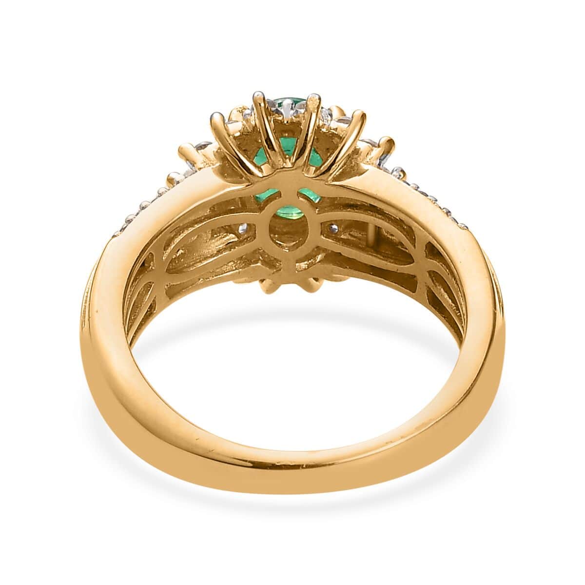 AAA Kagem Zambian Emerald, Natural White Zircon Sunburst Ring in Vermeil YG Over Sterling Silver (Size 10.0) 1.70 ctw image number 4