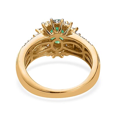 AAA Kagem Zambian Emerald and White Zircon Sunburst Ring in Vermeil Yellow Gold Over Sterling Silver (Size 10.0) 1.35 ctw