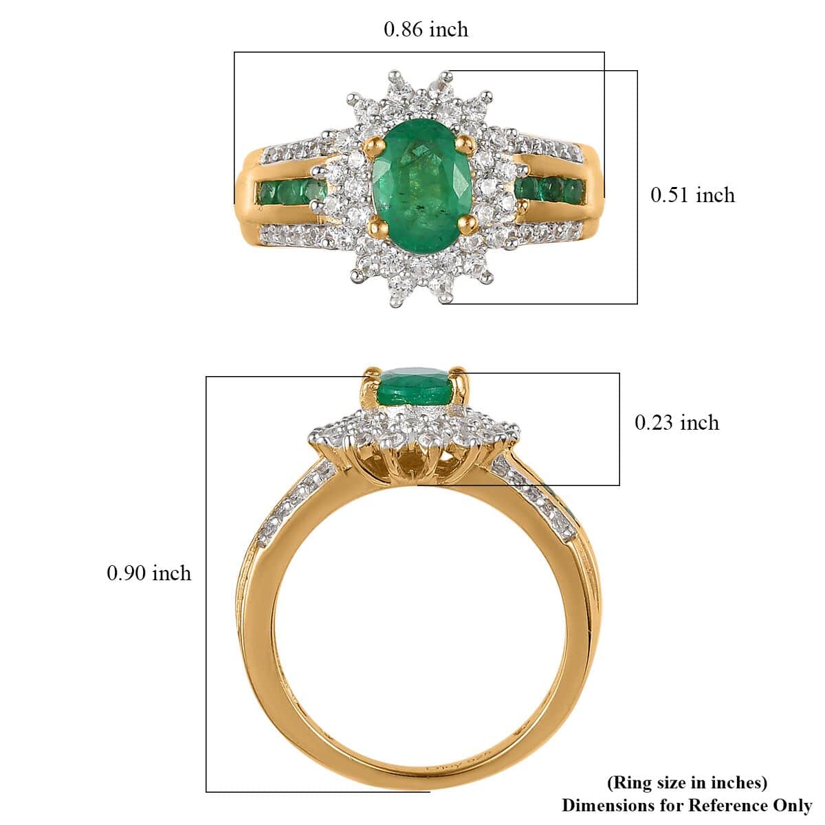 AAA Kagem Zambian Emerald, Natural White Zircon Sunburst Ring in Vermeil YG Over Sterling Silver (Size 10.0) 1.70 ctw image number 5