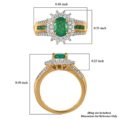 AAA Kagem Zambian Emerald and White Zircon Sunburst Ring in Vermeil Yellow Gold Over Sterling Silver (Size 10.0) 1.35 ctw