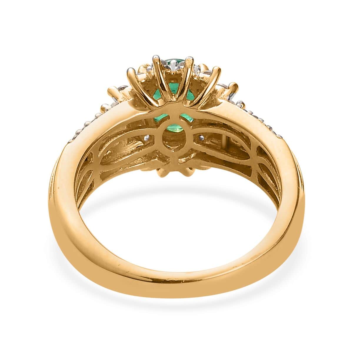 AAA Kagem Zambian Emerald and White Zircon 1.35 ctw Sunburst Ring in Vermeil Yellow Gold Over Sterling Silver (Size 11.0) image number 4
