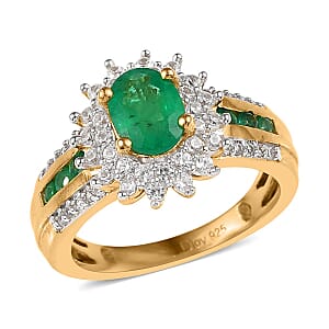 AAA Kagem Zambian Emerald and White Zircon 1.35 ctw Sunburst Ring in Vermeil Yellow Gold Over Sterling Silver (Size 7.0)