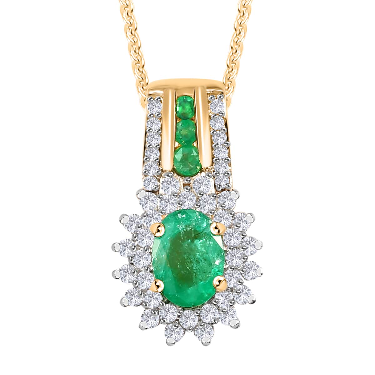 AAA Kagem Zambian Emerald White Zircon Necklace in Vermeil Yellow Gold Plated Sterling Silver,Silver Sunburst Necklace,Oval Halo Pendant 1.35 ctw (20 Inches) image number 0
