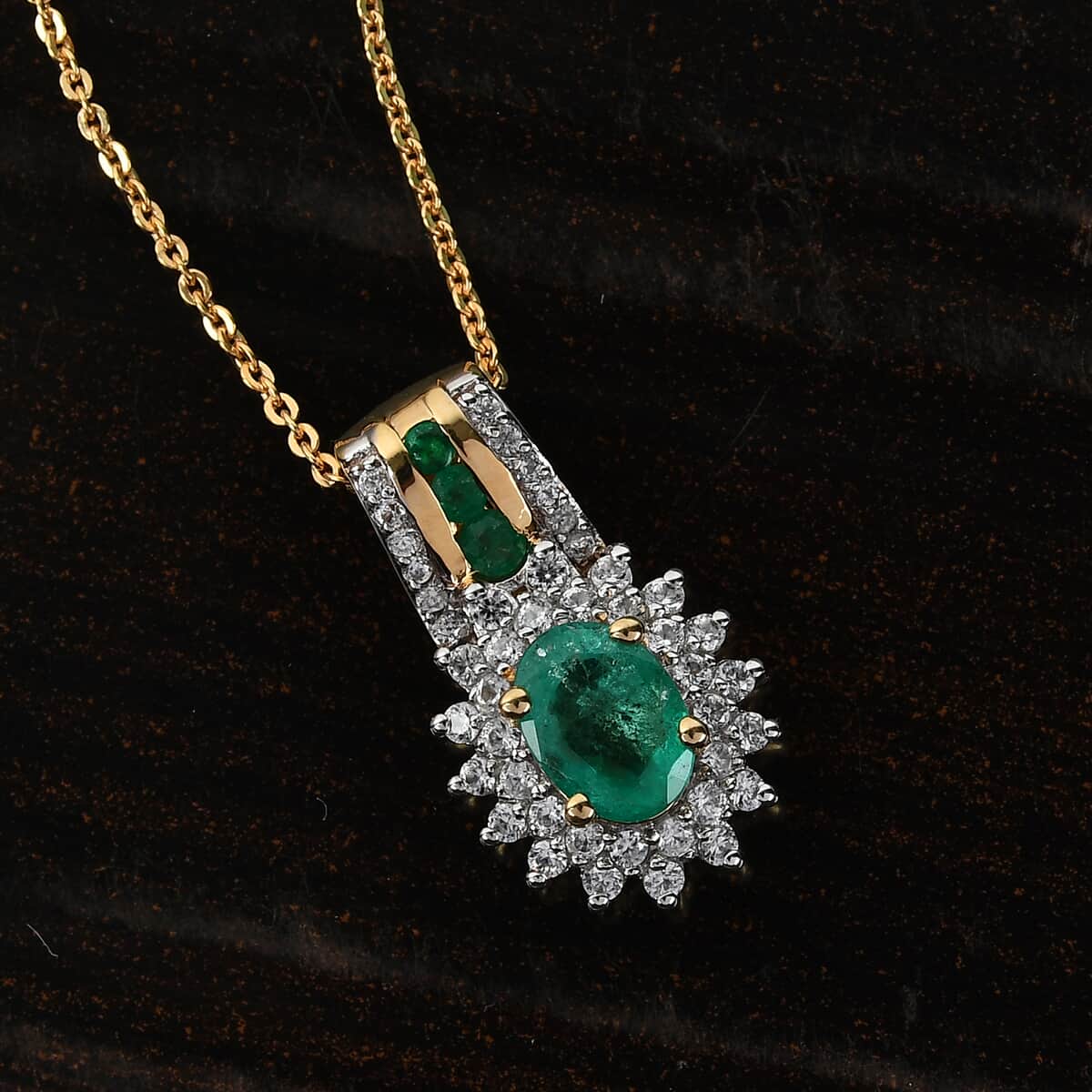 AAA Kagem Zambian Emerald White Zircon Necklace in Vermeil Yellow Gold Plated Sterling Silver,Silver Sunburst Necklace,Oval Halo Pendant 1.35 ctw (20 Inches) image number 1