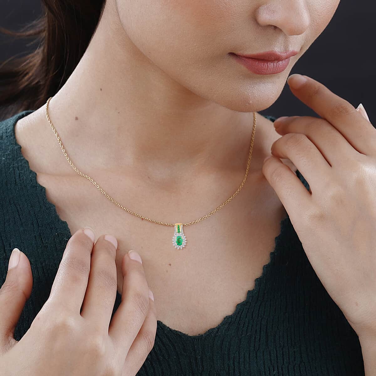 AAA Kagem Zambian Emerald White Zircon Necklace in Vermeil Yellow Gold Plated Sterling Silver,Silver Sunburst Necklace,Oval Halo Pendant 1.35 ctw (20 Inches) image number 2
