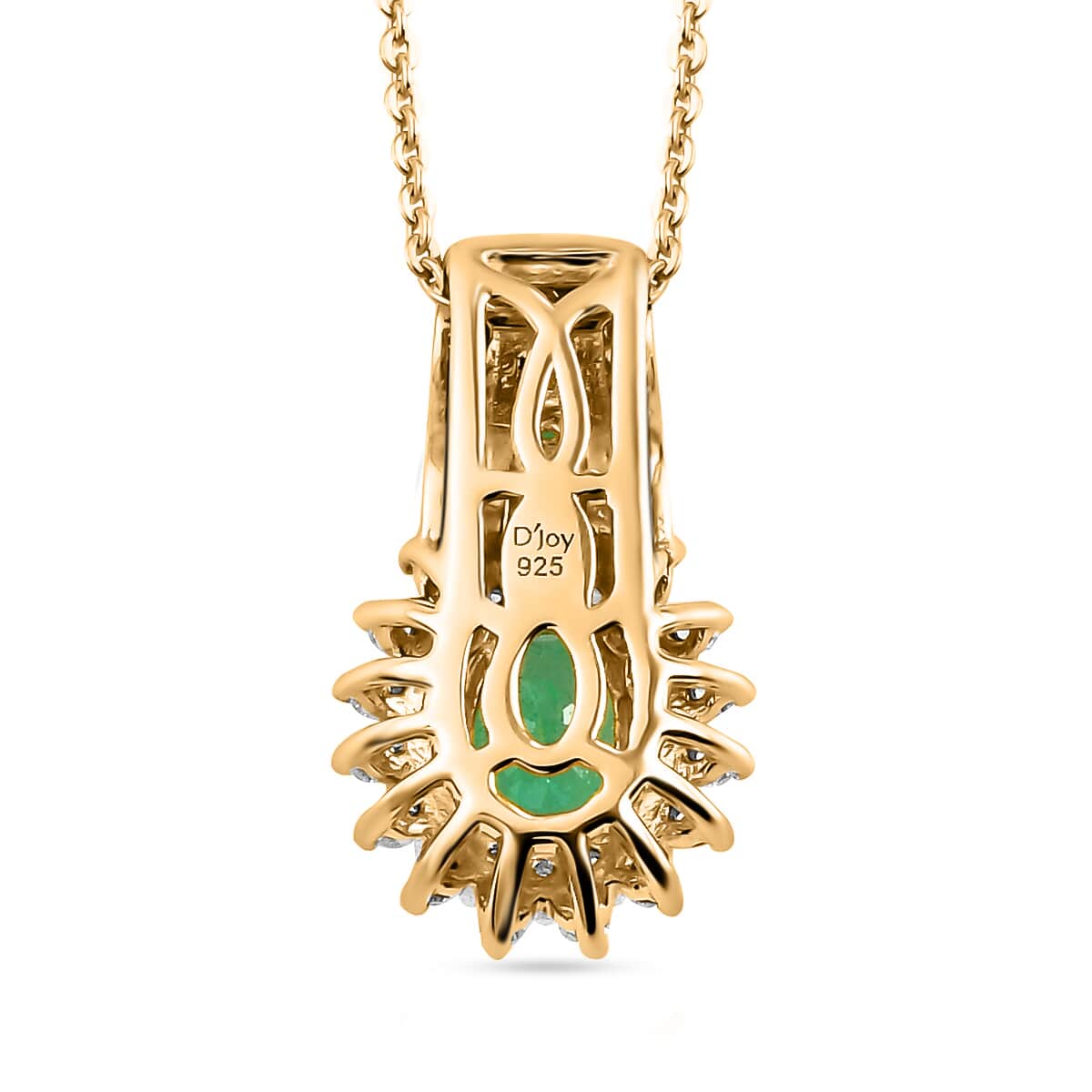 AAA Kagem Zambian Emerald White Zircon Necklace in Vermeil Yellow Gold Plated Sterling Silver,Silver Sunburst Necklace,Oval Halo Pendant 1.35 ctw (20 Inches) image number 4