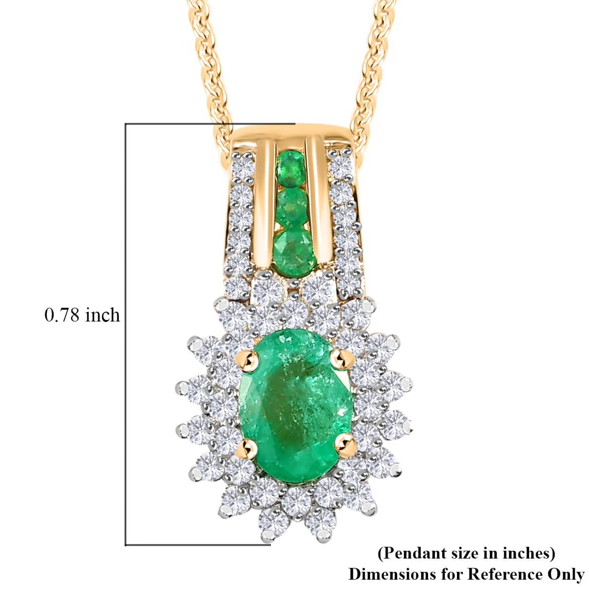 AAA Kagem Zambian Emerald White Zircon Necklace in Vermeil Yellow Gold Plated Sterling Silver,Silver Sunburst Necklace,Oval Halo Pendant 1.35 ctw (20 Inches) image number 5