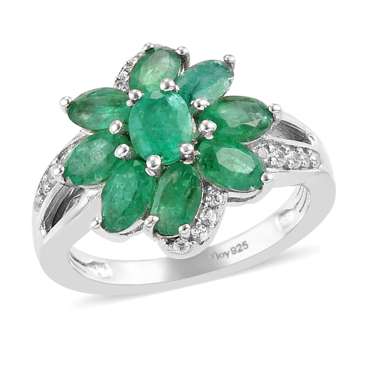 AAA Kagem Zambian Emerald and Zircon Floral Ring in Platinum Over Sterling Silver (Size 10.0) 2.30 ctw image number 0