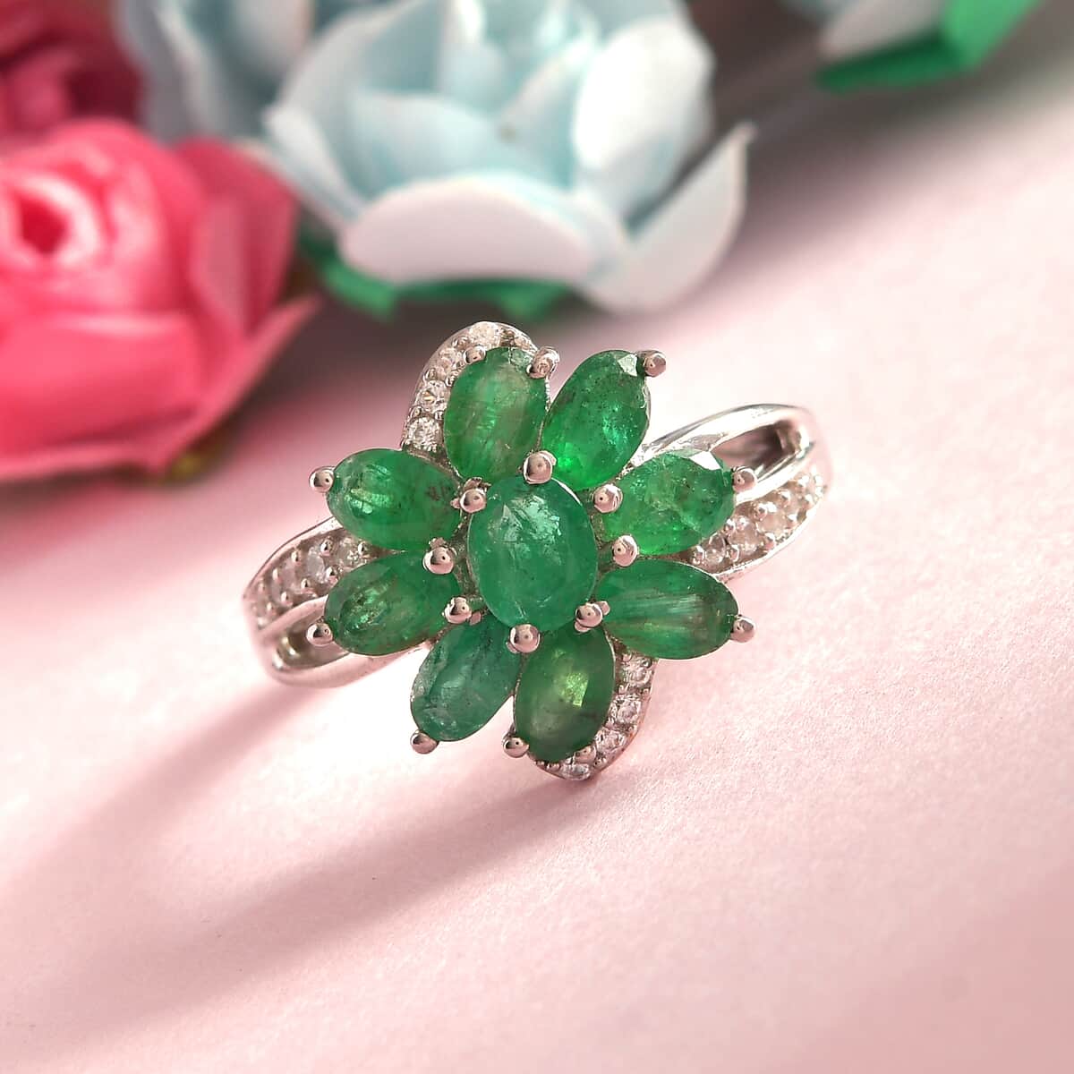 AAA Kagem Zambian Emerald and Zircon Floral Ring in Platinum Over Sterling Silver (Size 10.0) 2.30 ctw image number 1