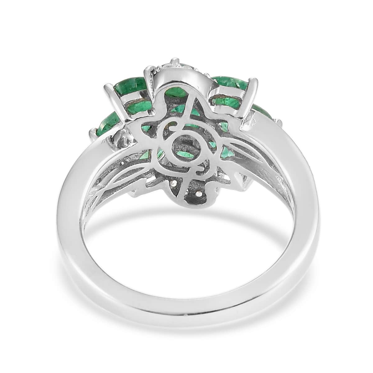 AAA Kagem Zambian Emerald and Zircon Floral Ring in Platinum Over Sterling Silver (Size 10.0) 2.30 ctw image number 4