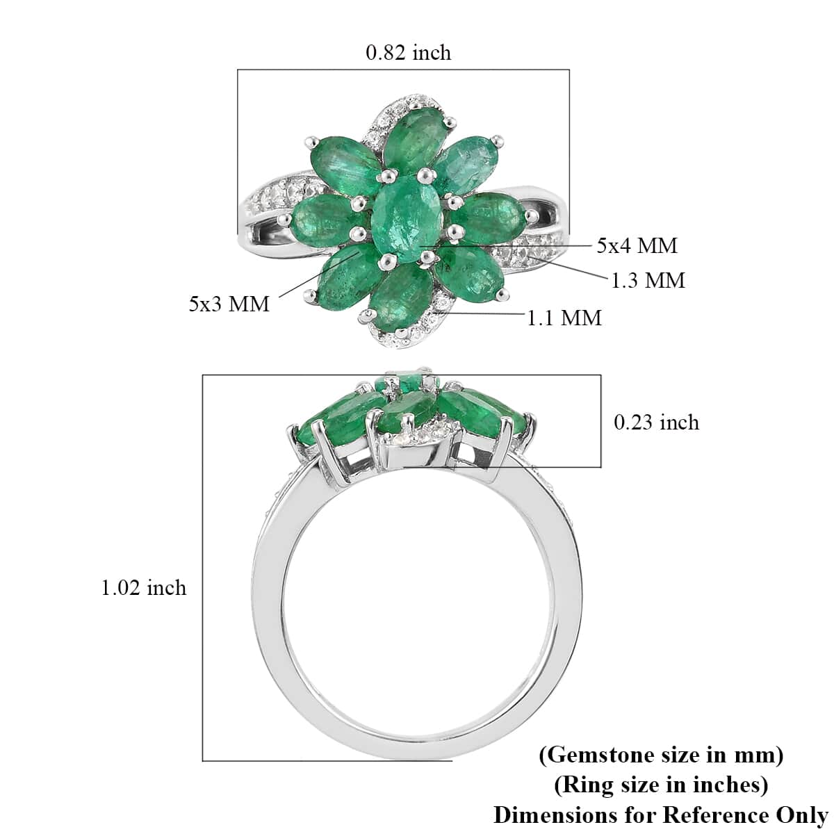 AAA Kagem Zambian Emerald and Zircon Floral Ring in Platinum Over Sterling Silver (Size 7.0) 2.30 ctw image number 5
