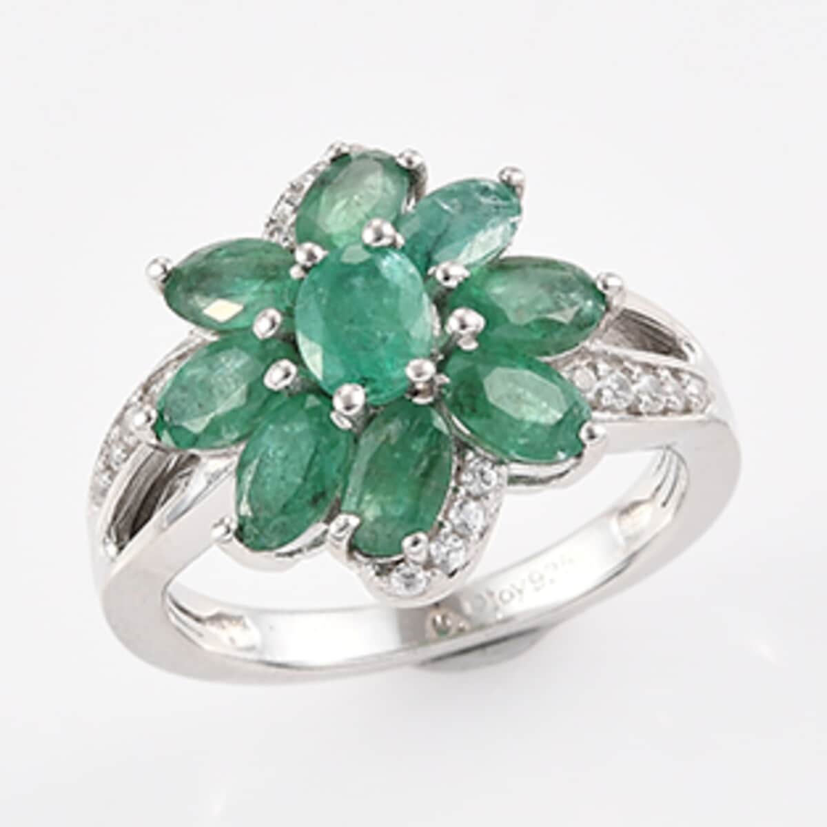 AAA Kagem Zambian Emerald and Zircon Floral Ring in Platinum Over Sterling Silver (Size 8.0) 2.25 ctw image number 0