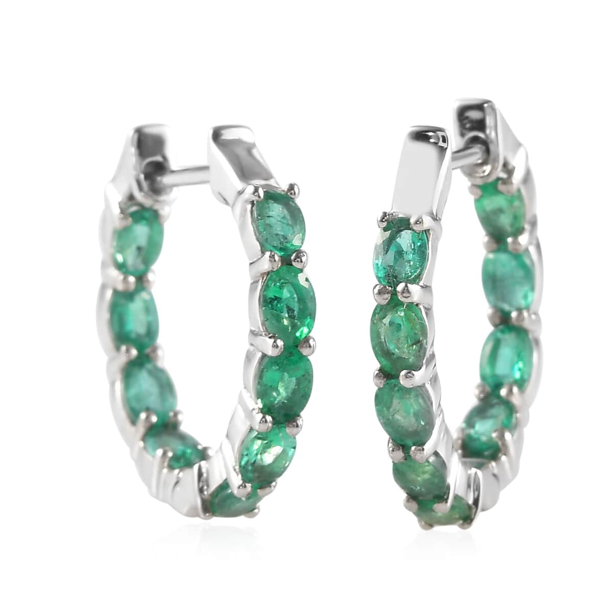AAA Kagem Zambian Emerald Hoop Earrings in Platinum Over Sterling Silver 3.00 ctw image number 0
