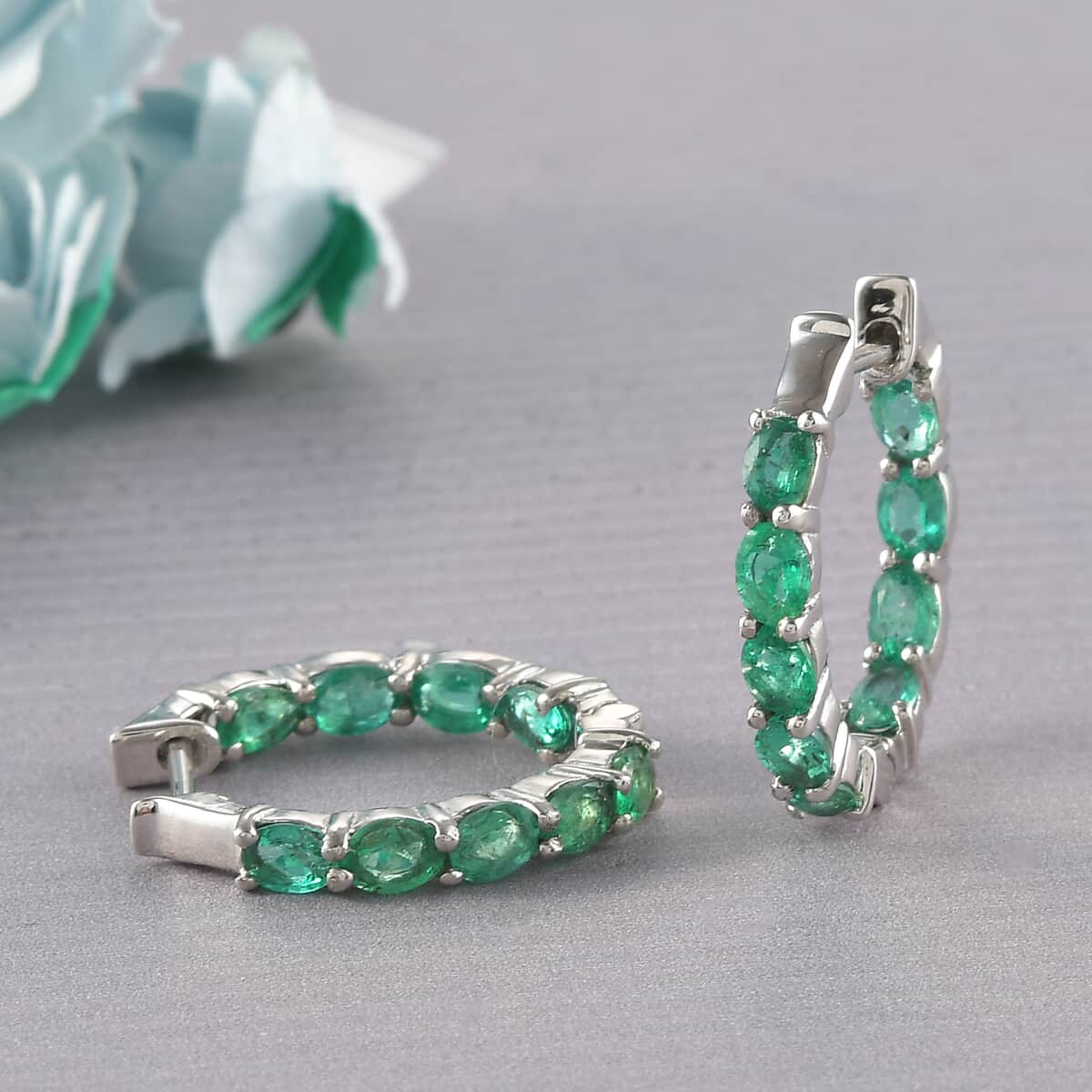 AAA Kagem Zambian Emerald Hoop Earrings in Platinum Over Sterling Silver 3.00 ctw image number 1