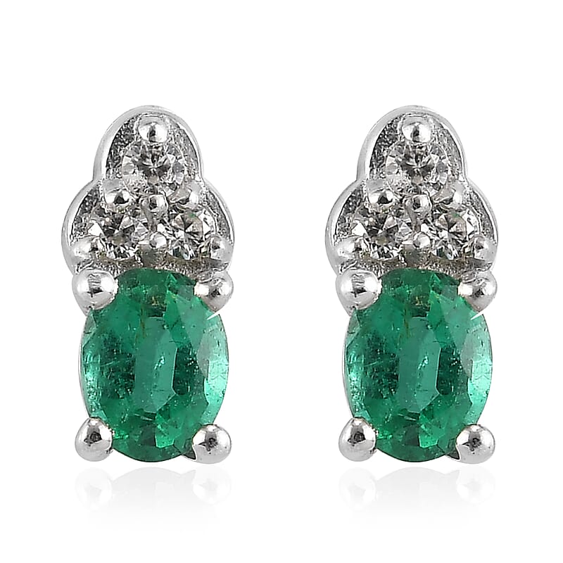AAA Kagem Zambian Emerald and White Zircon Earrings in Platinum Over Sterling Silver 0.40 ctw