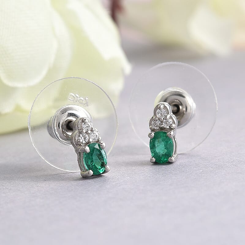 AAA Kagem Zambian Emerald and White Zircon Earrings in Platinum Over Sterling Silver 0.40 ctw
