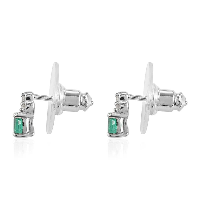 AAA Kagem Zambian Emerald and White Zircon Earrings in Platinum Over Sterling Silver 0.40 ctw