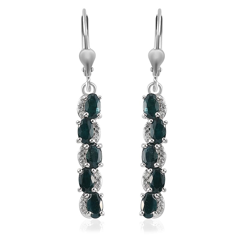 Teal Grandidierite and Zircon Bar Drop Fancy Earrings in Platinum Over Sterling Silver 2.40 ctw