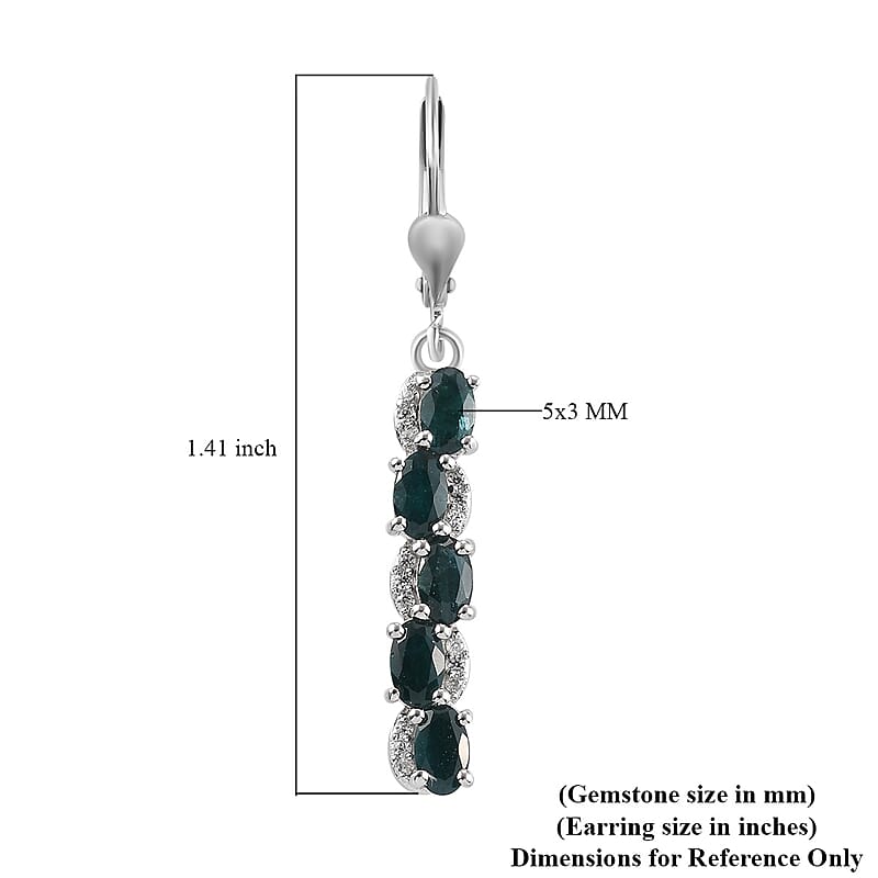 Teal Grandidierite and Zircon Bar Drop Fancy Earrings in Platinum Over Sterling Silver 2.40 ctw
