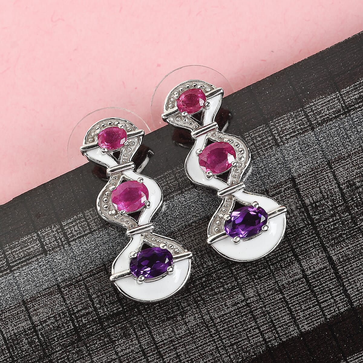 Amethyst and Niassa Ruby Fancy Earrings in Platinum Over Sterling Silver 2.50 ctw image number 1