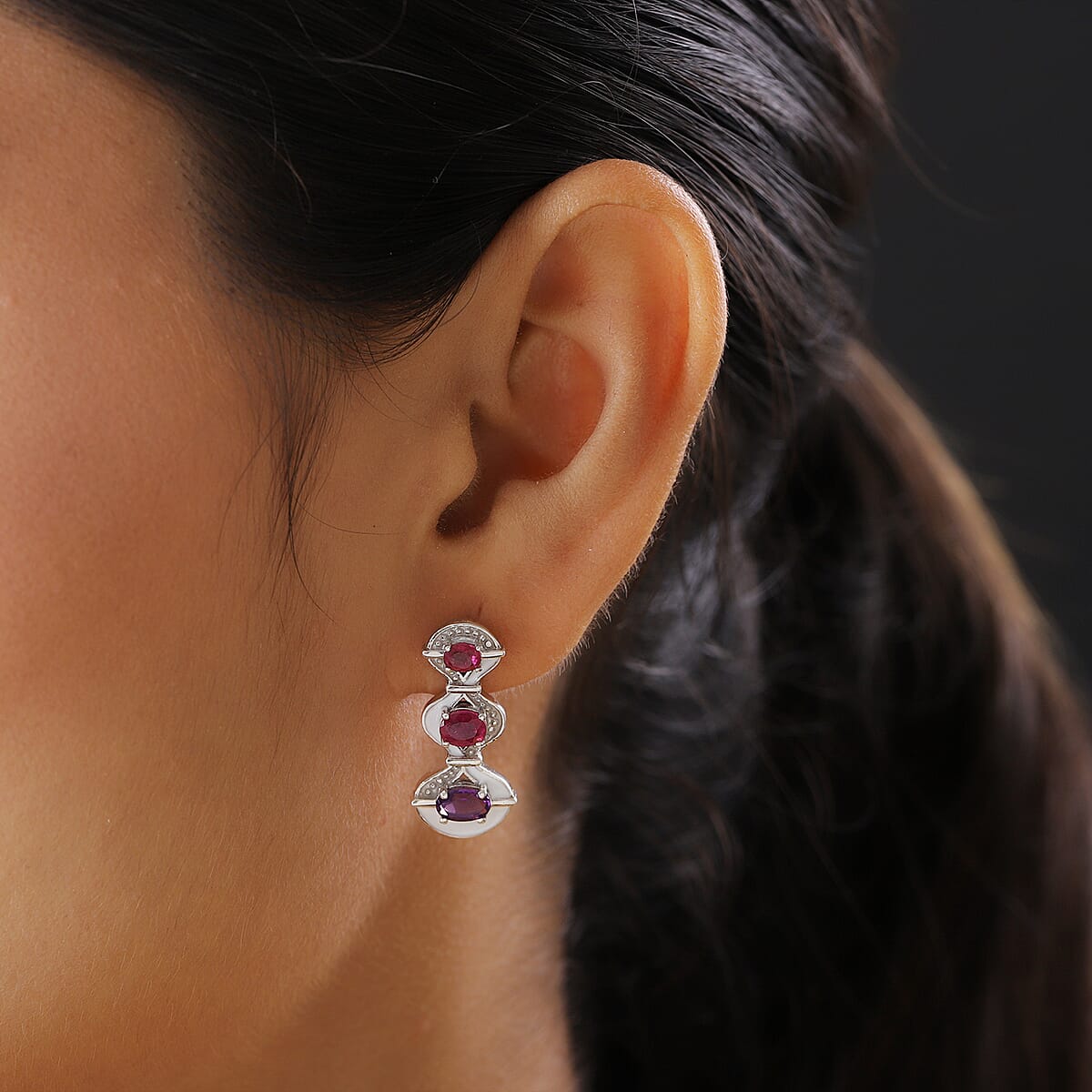 Amethyst and Niassa Ruby Fancy Earrings in Platinum Over Sterling Silver 2.50 ctw image number 2