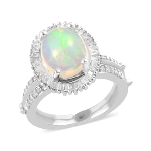 Ethiopian Welo Opal and Diamond Halo Ring in Platinum Over Sterling Silver (Size 7.0) 1.90 ctw