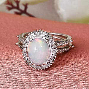 Ethiopian Welo Opal and Diamond Halo Ring in Platinum Over Sterling Silver (Size 7.0) 1.90 ctw