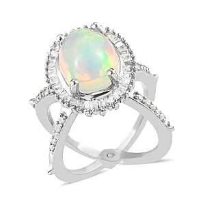 Ethiopian Welo Opal and Diamond Halo Ring in Platinum Over Sterling Silver (Size 7.0) 1.90 ctw