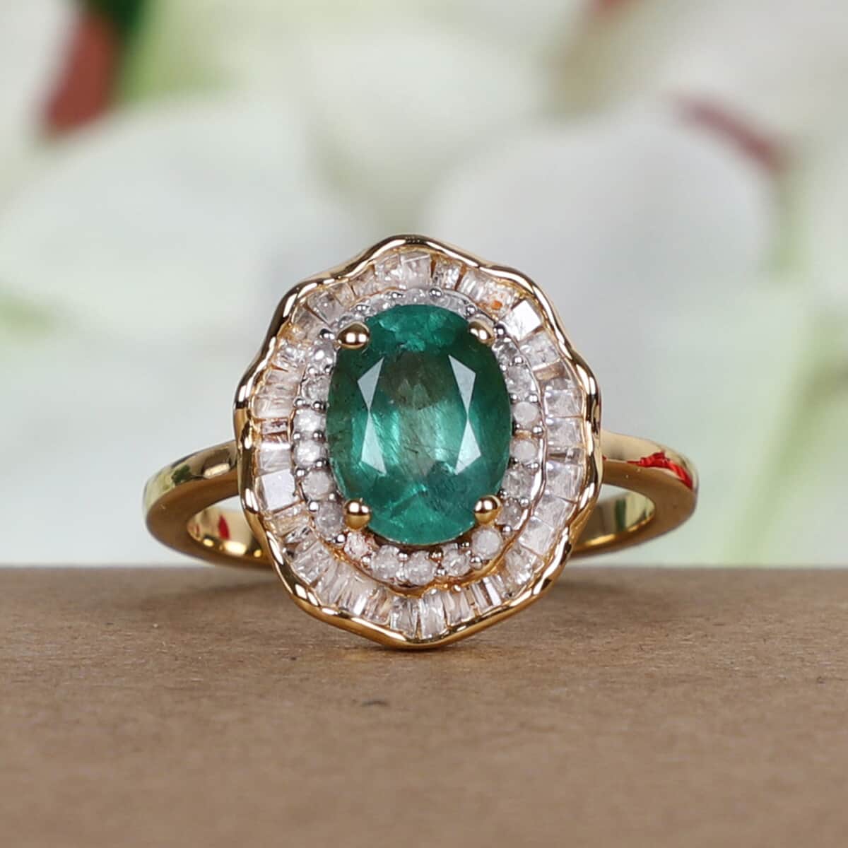 AAA Kagem Zambian Emerald and Diamond Cocktail Ring in Vermeil Yellow Gold Over Sterling Silver (Size 9.0) 1.65 ctw image number 1