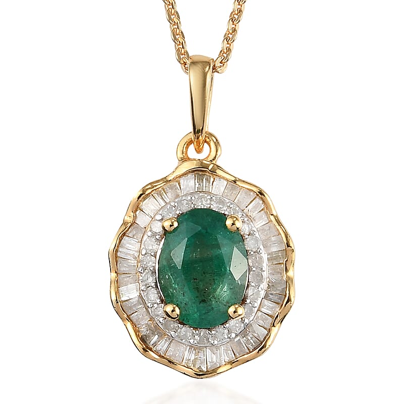 AAA Kagem Zambian Emerald and Diamond Cocktail Pendant Necklace 20 Inches in Vermeil Yellow Gold Over Sterling Silver 1.65 ctw