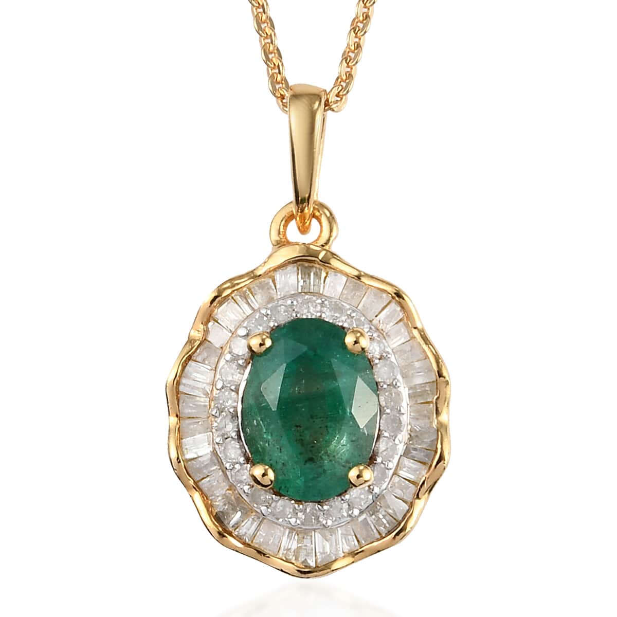 AAA Kagem Zambian Emerald and Diamond Cocktail Pendant Necklace 20 Inches in Vermeil Yellow Gold Over Sterling Silver 1.65 ctw image number 0