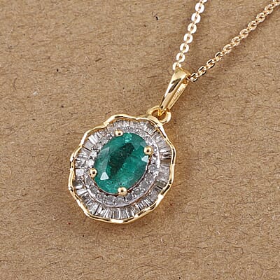 AAA Kagem Zambian Emerald and Diamond Cocktail Pendant Necklace 20 Inches in Vermeil Yellow Gold Over Sterling Silver 1.65 ctw