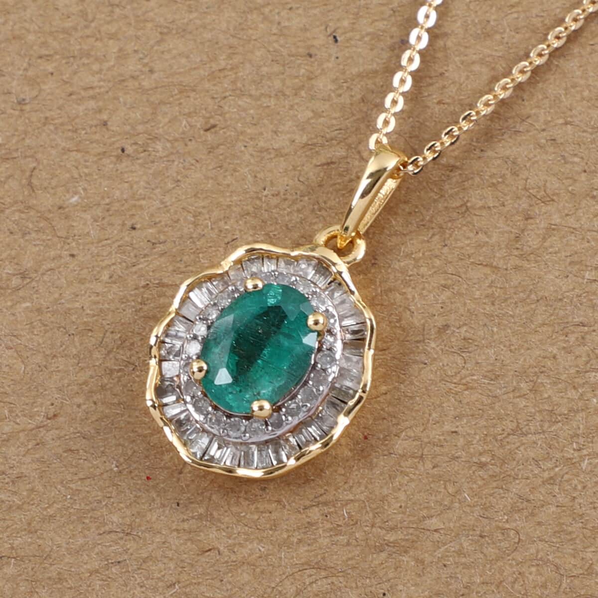 AAA Kagem Zambian Emerald and Diamond Cocktail Pendant Necklace 20 Inches in Vermeil Yellow Gold Over Sterling Silver 1.65 ctw image number 1