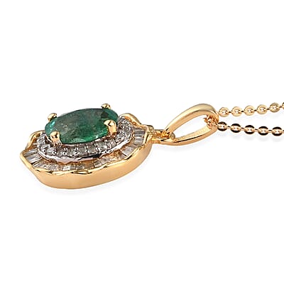 AAA Kagem Zambian Emerald and Diamond Cocktail Pendant Necklace 20 Inches in Vermeil Yellow Gold Over Sterling Silver 1.65 ctw