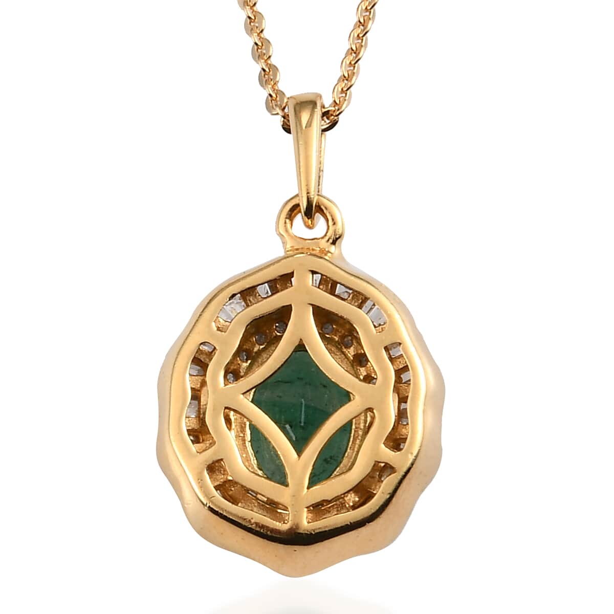 AAA Kagem Zambian Emerald and Diamond Cocktail Pendant Necklace 20 Inches in Vermeil Yellow Gold Over Sterling Silver 1.65 ctw image number 4