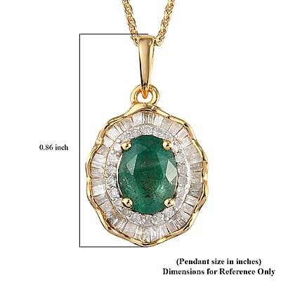 AAA Kagem Zambian Emerald and Diamond Cocktail Pendant Necklace 20 Inches in Vermeil Yellow Gold Over Sterling Silver 1.65 ctw