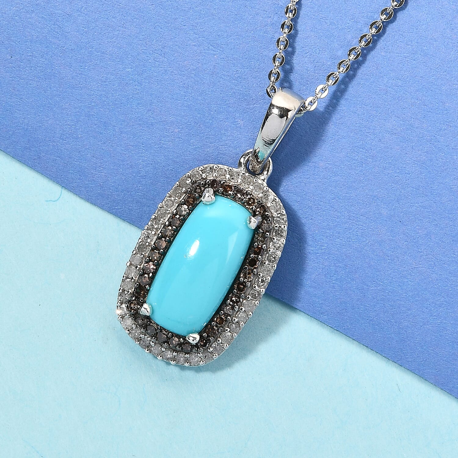 Sleeping Beauty Turquoise and Multi Diamond Double Halo Pendant Necklace 20 Inches in Platinum Over Sterling Silver 2.35 ctw
