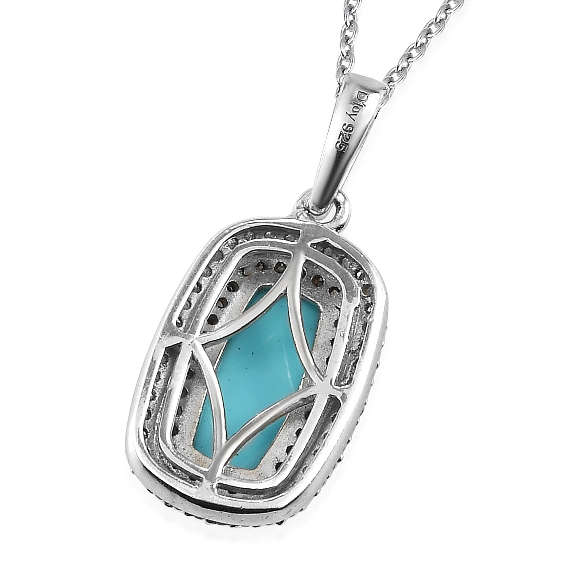 Sleeping Beauty Turquoise and Multi Diamond Double Halo Pendant Necklace 20 Inches in Platinum Over Sterling Silver 2.35 ctw