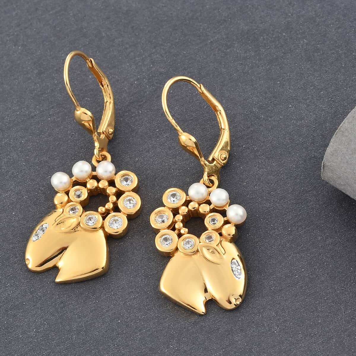 Aries Zodiac Freshwater Pearl and Zircon Earrings in Vermeil Yellow Gold Over Sterling Silver 0.40 ctw image number 1