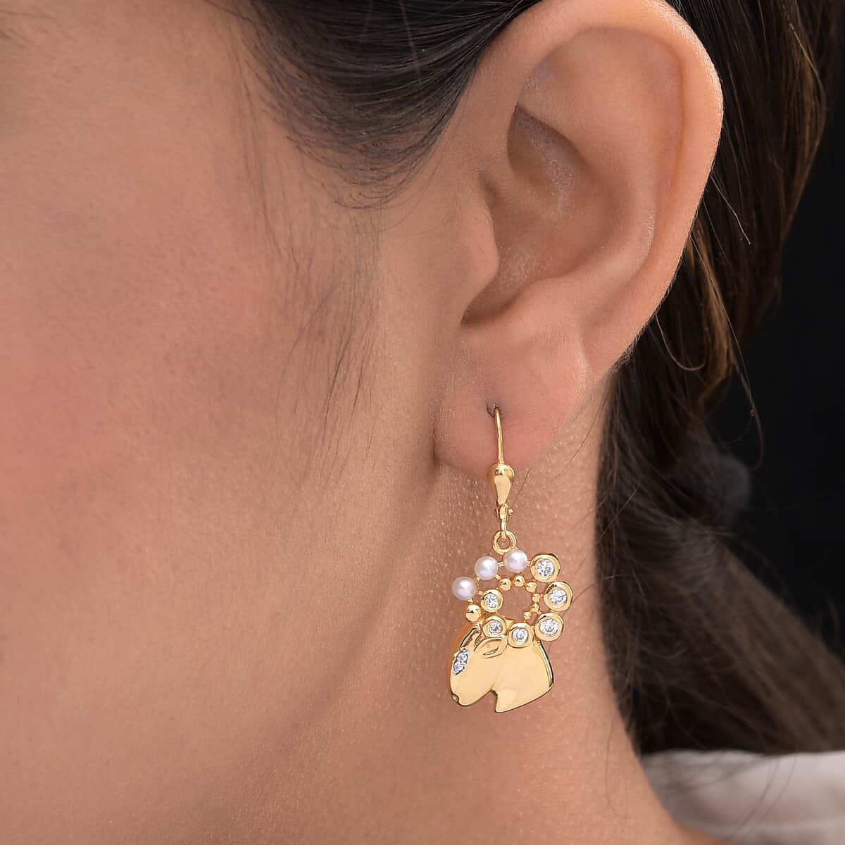 Aries Zodiac Freshwater Pearl and Zircon Earrings in Vermeil Yellow Gold Over Sterling Silver 0.40 ctw image number 2