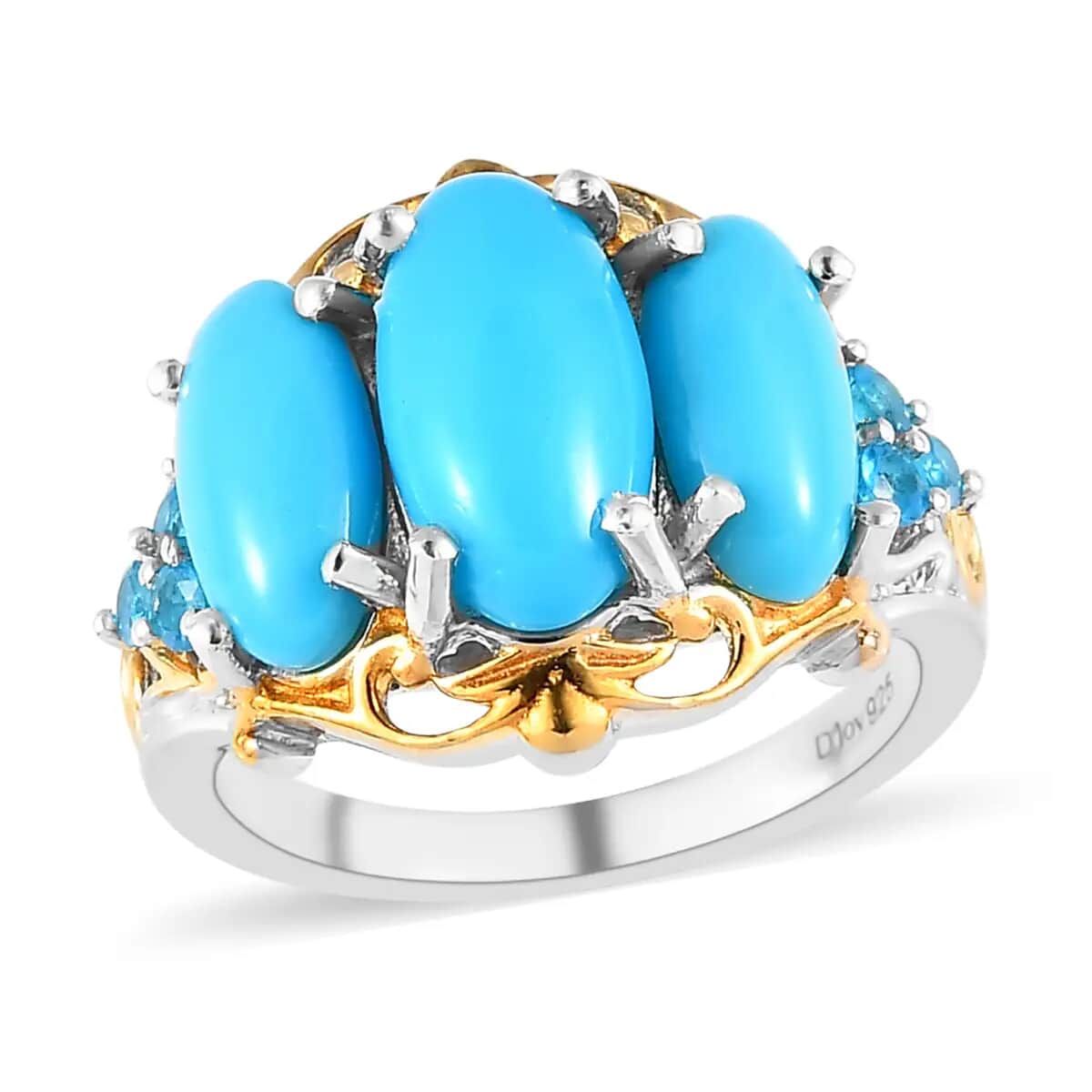 AMERICAN Natural Sleeping Beauty Turquoise and Malgache Neon Apatite Ring in Vermeil YG and Platinum Over Sterling Silver (Size 10.0) 4.65 ctw image number 0