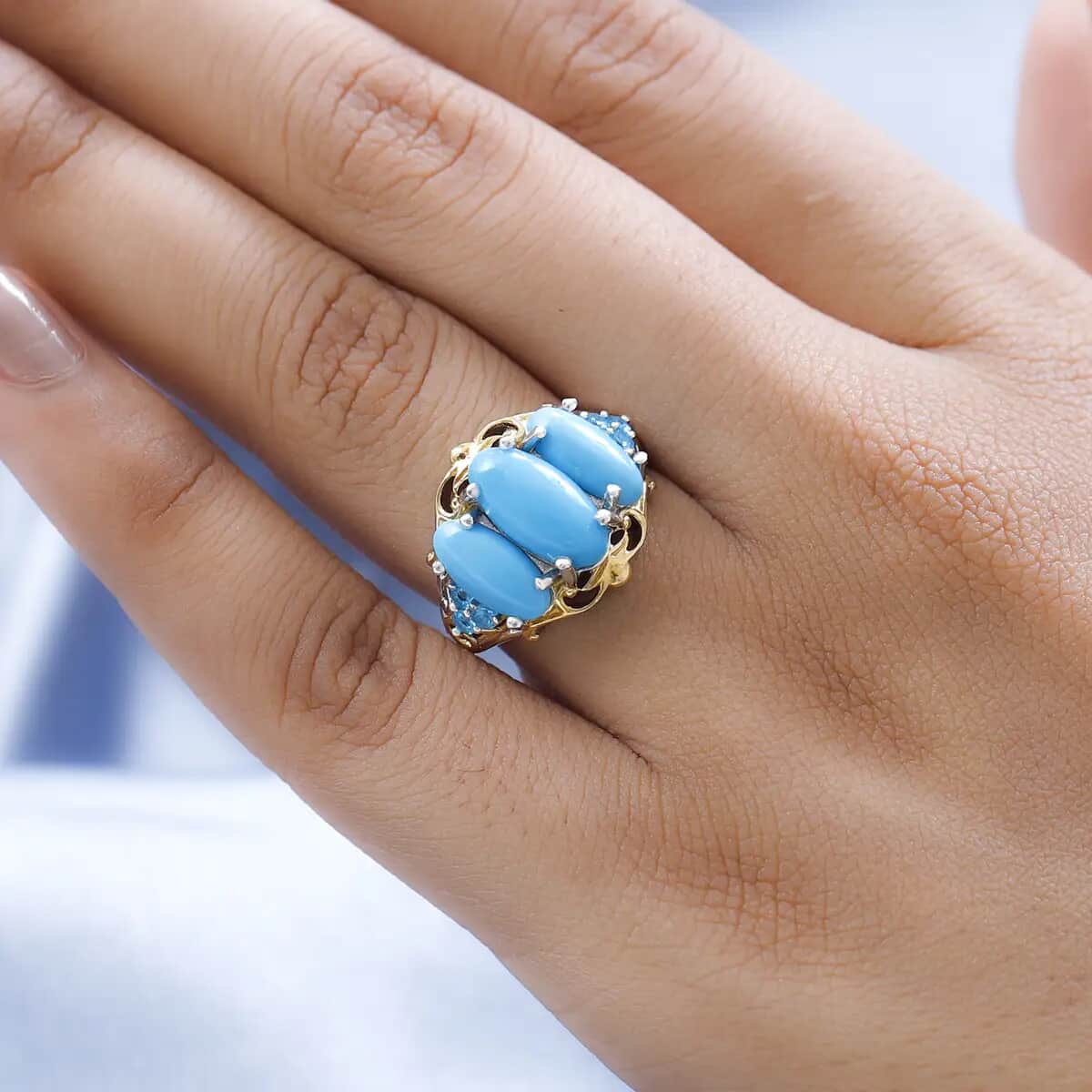 AMERICAN Natural Sleeping Beauty Turquoise and Malgache Neon Apatite Ring in Vermeil YG and Platinum Over Sterling Silver (Size 10.0) 4.65 ctw image number 5