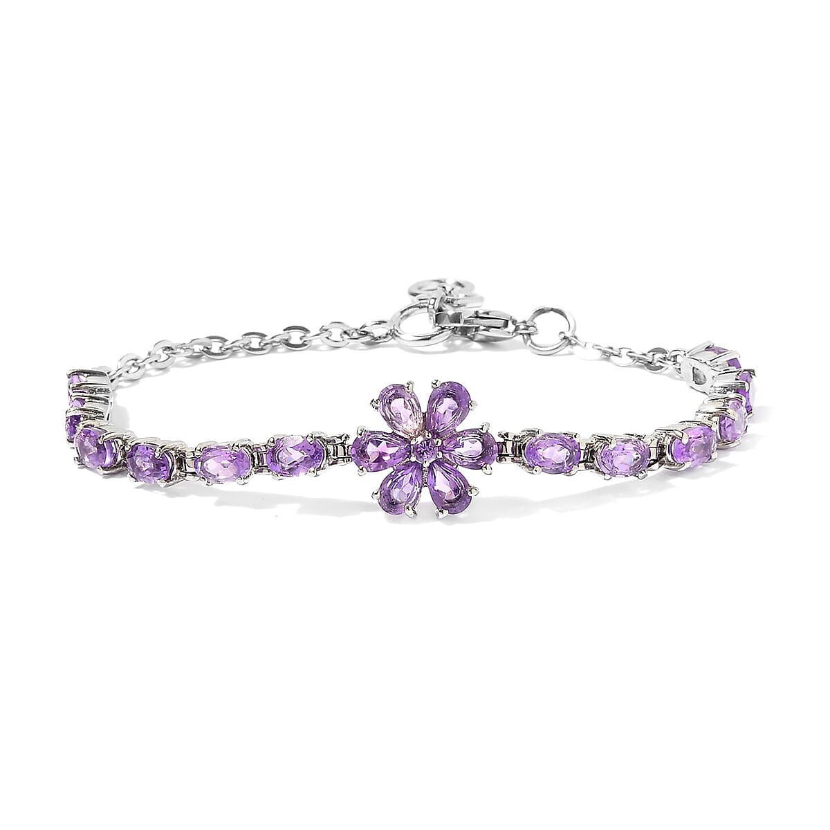 Amethyst Flower Bracelet in Stainless Steel (6.50 In) 7.65 ctw image number 0