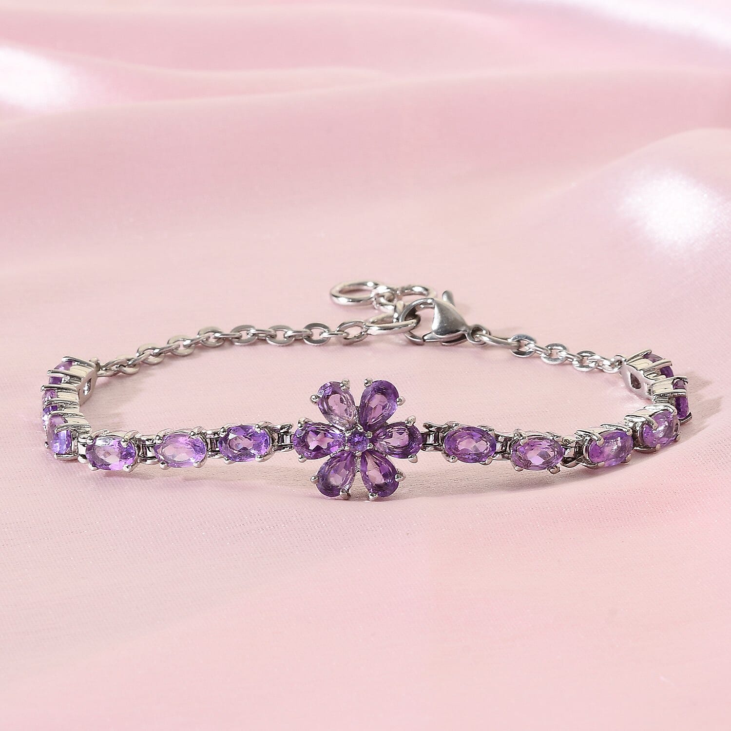 Amethyst Flower Bracelet in Stainless Steel (6.50 In) 7.65 ctw