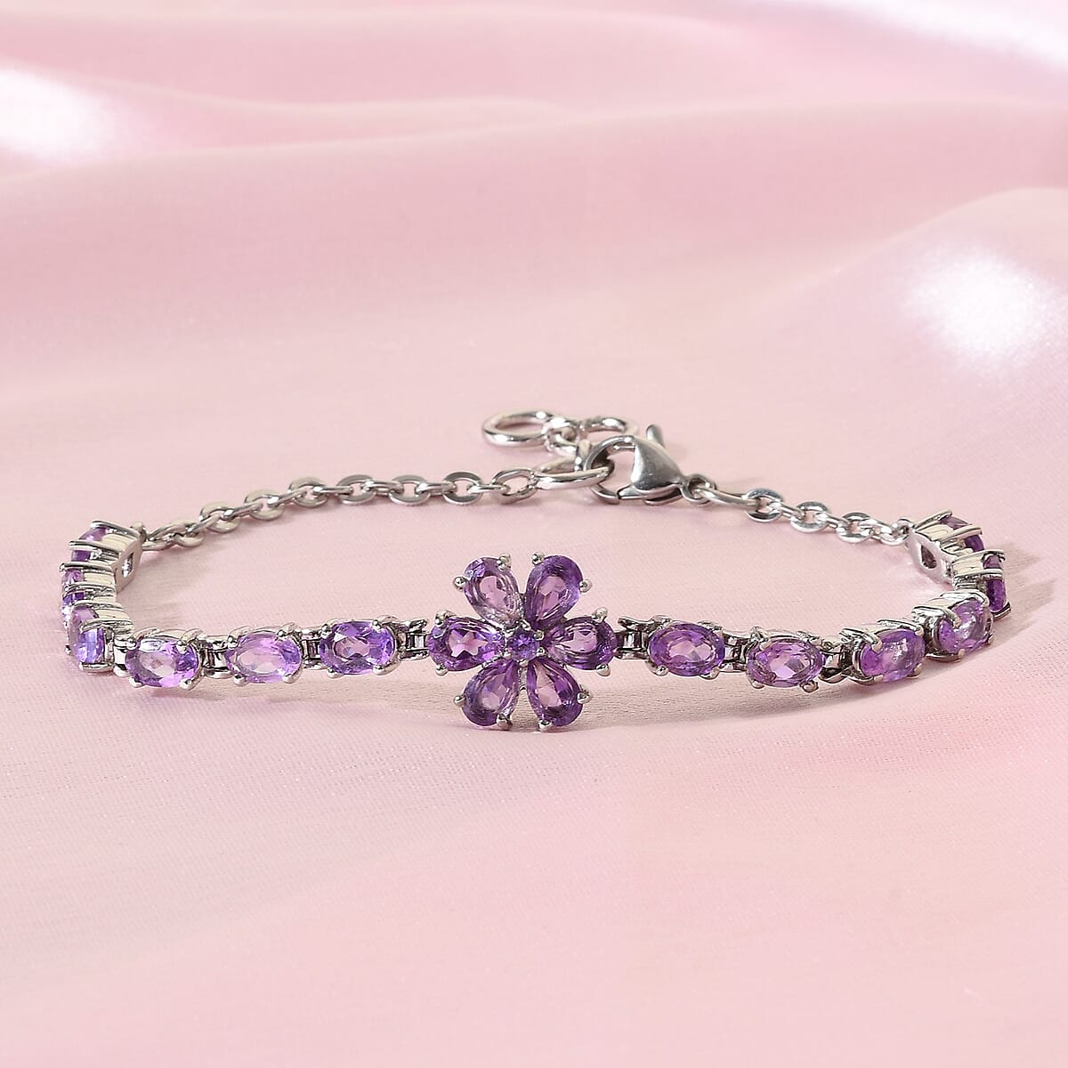Amethyst Flower Bracelet in Stainless Steel (6.50 In) 7.65 ctw image number 1