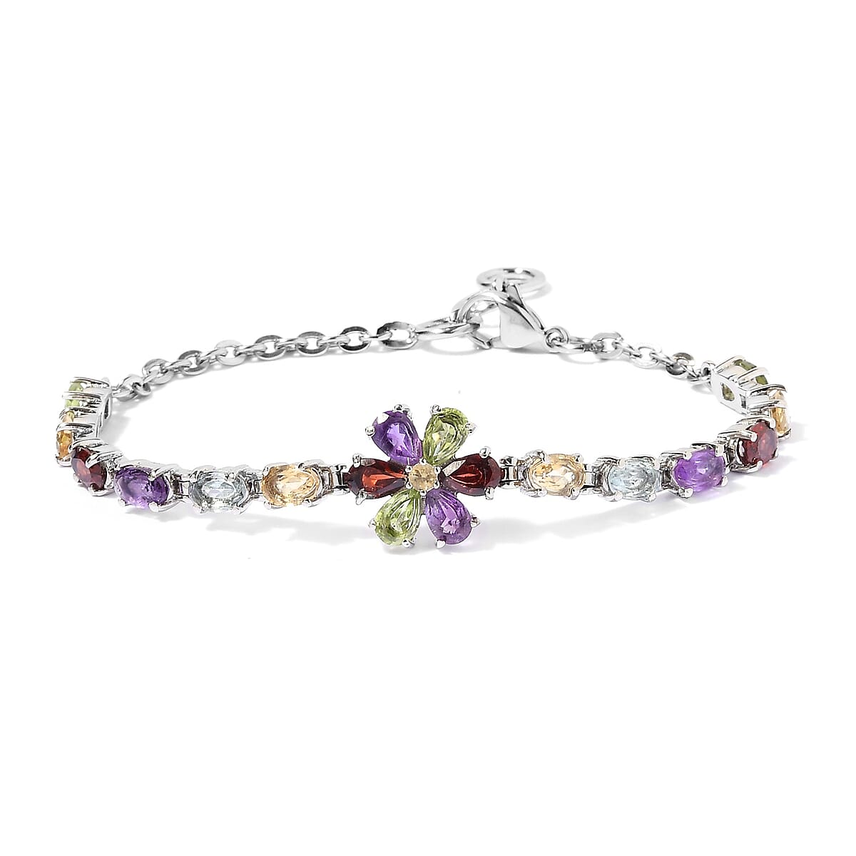 Multi Gemstone Flower Bracelet in Stainless Steel (6.50 In) 8.50 ctw image number 0