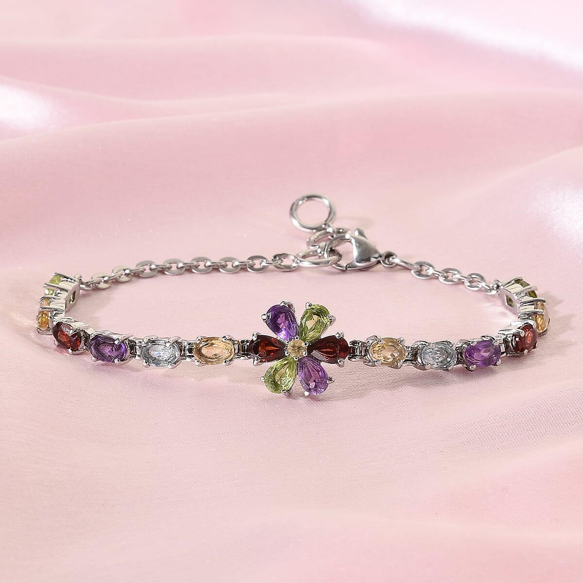 Multi Gemstone Flower Bracelet in Stainless Steel (6.50 In) 8.50 ctw image number 1