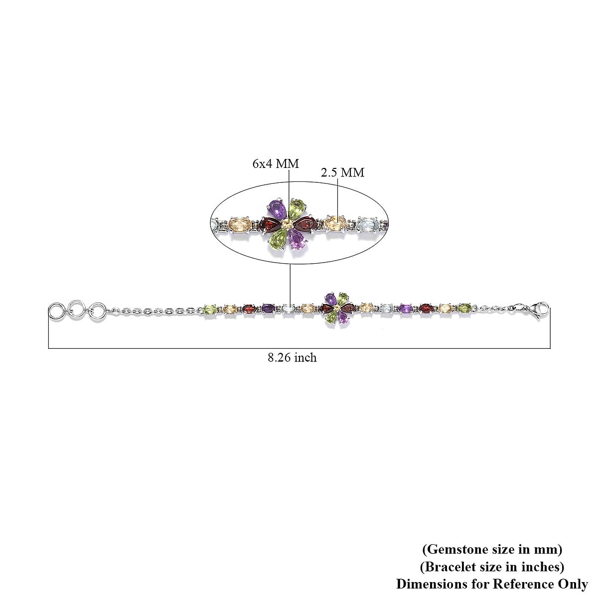 Multi Gemstone Flower Bracelet in Stainless Steel (6.50 In) 8.50 ctw image number 4
