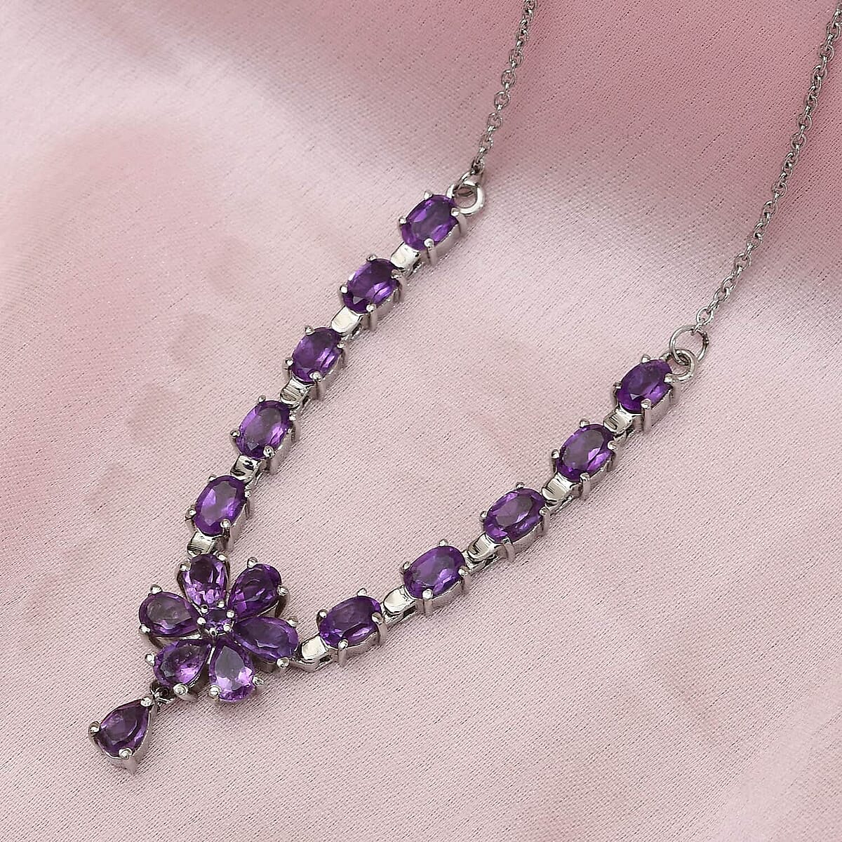 Amethyst Floral Necklace , Amethyst Necklace , Flower Necklace in Stainless Steel , 18 Inch Necklace , Stainless Steel Necklace 6.40 ctw image number 1