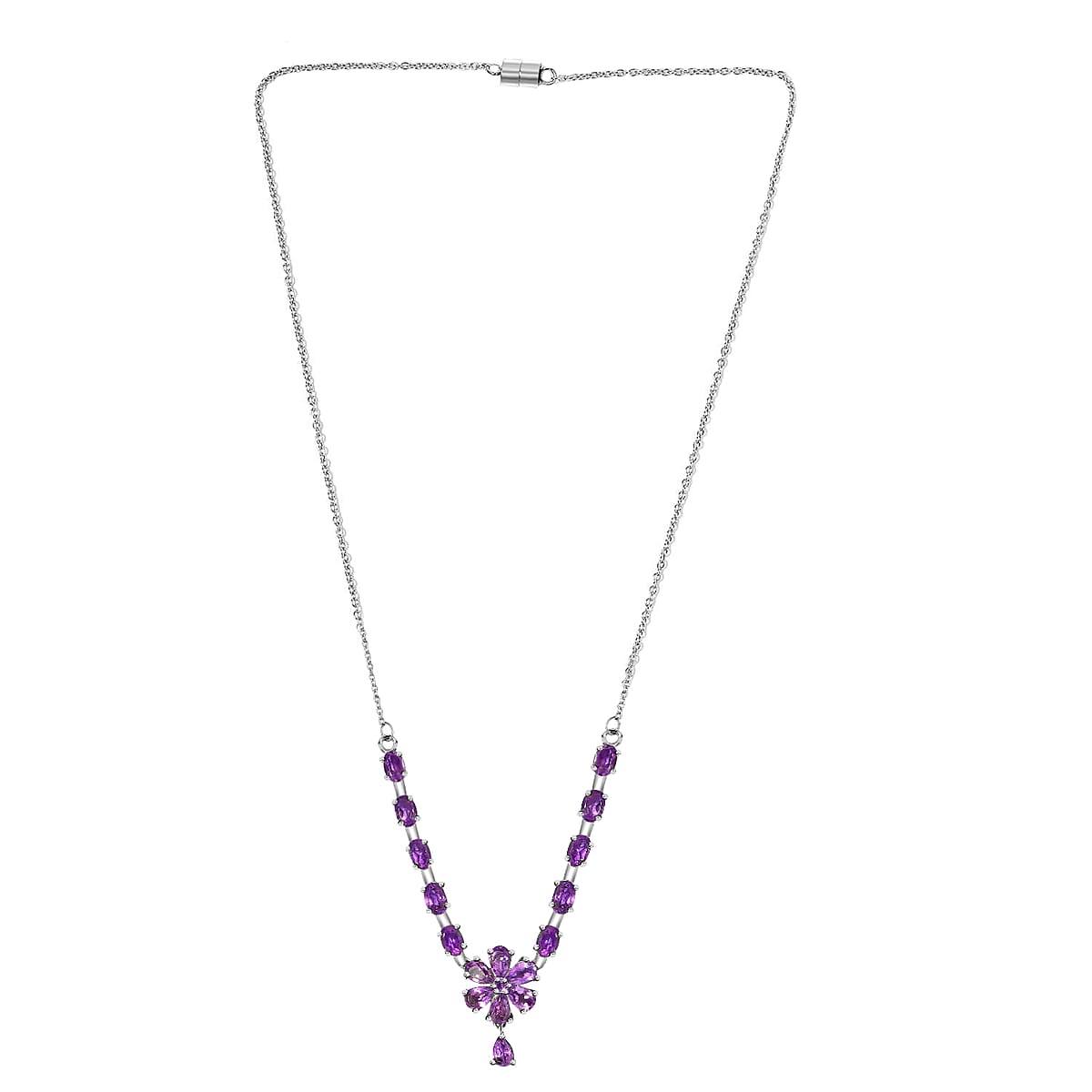 Amethyst Floral Necklace , Amethyst Necklace , Flower Necklace in Stainless Steel , 18 Inch Necklace , Stainless Steel Necklace 6.40 ctw image number 3